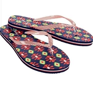 VERA Bradley flip flops, LG 9-10 Sun Valley red white stripe thong beach summer